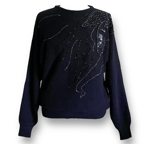 Vintage 1980s Womens Sweater Sz S Black Wool Angora Beaded Sequin Dolman Sleeve - Picture 1 of 8